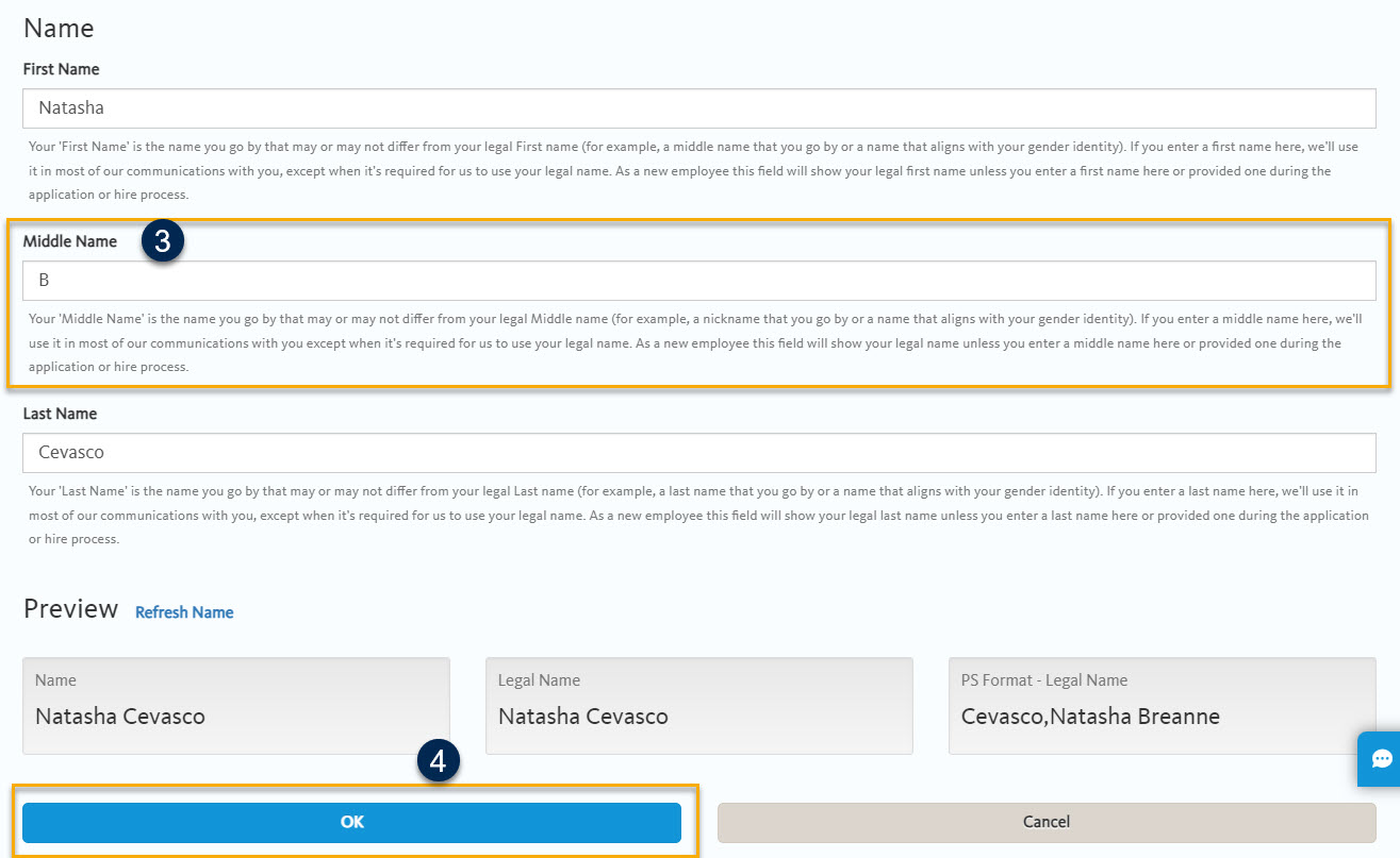The image is a screenshot of the UCPath interface used to update a person’s name. The form contains fields for "First Name", "Middle Name", and "Last Name". Each section has a text box and a description in smaller font below the input box. Below these fields, there is a section labeled "Preview" showing how the entered names would appear in different formats. There are also two buttons at the bottom labeled "OK" and "Cancel".