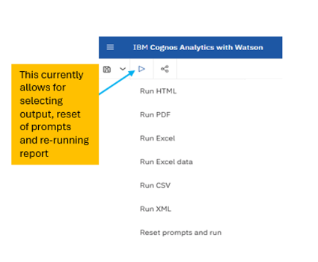 Screenshot of current Cognos Interface. A blue arrow points to a play button, and a text box reads "This currently allows for selecting output, reset of prompts and re-running report.