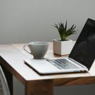 An open laptop on a table next to a coffee cup and a succulent.