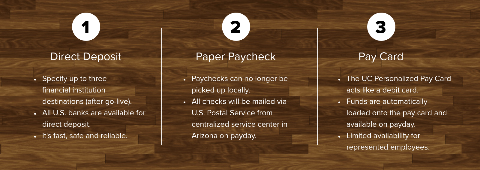 Pay options include direct deposit, paper paycheck and pay card.